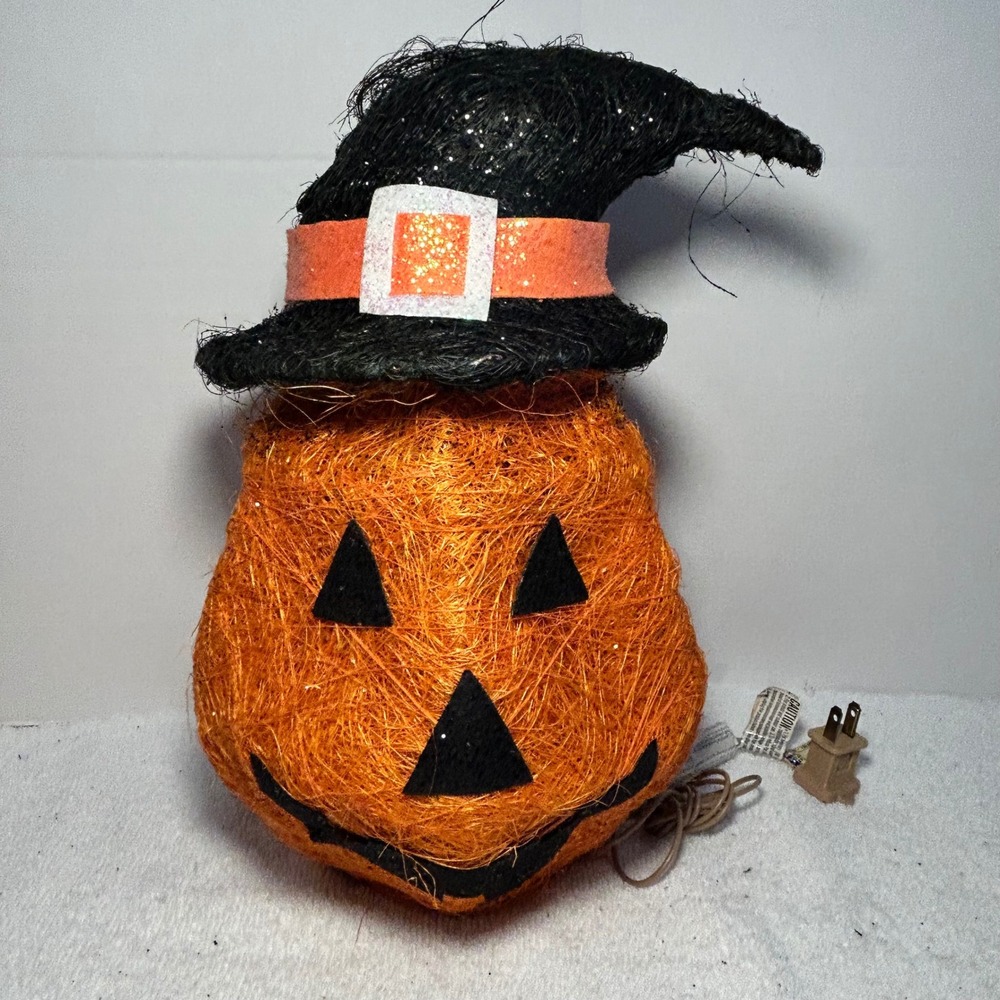Halloween Lighted Spun String Pumpkin Jack-O-Lantern with Witch Hat Decoration